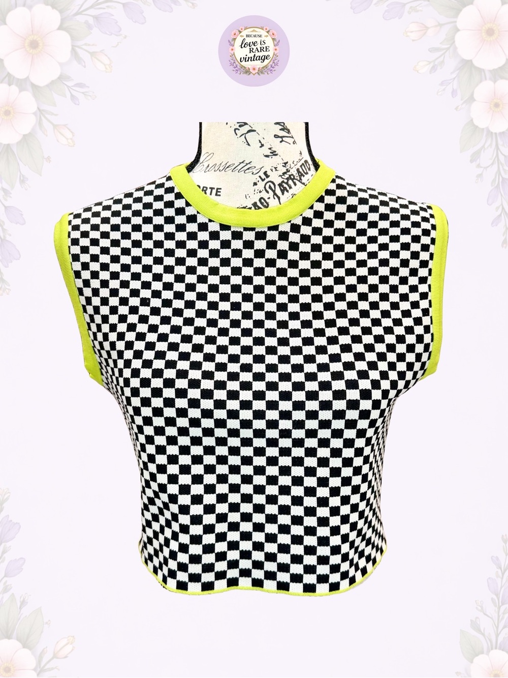 Zara Checkerboard Crop Top in Black & White with Yellow-Green Neon Trim